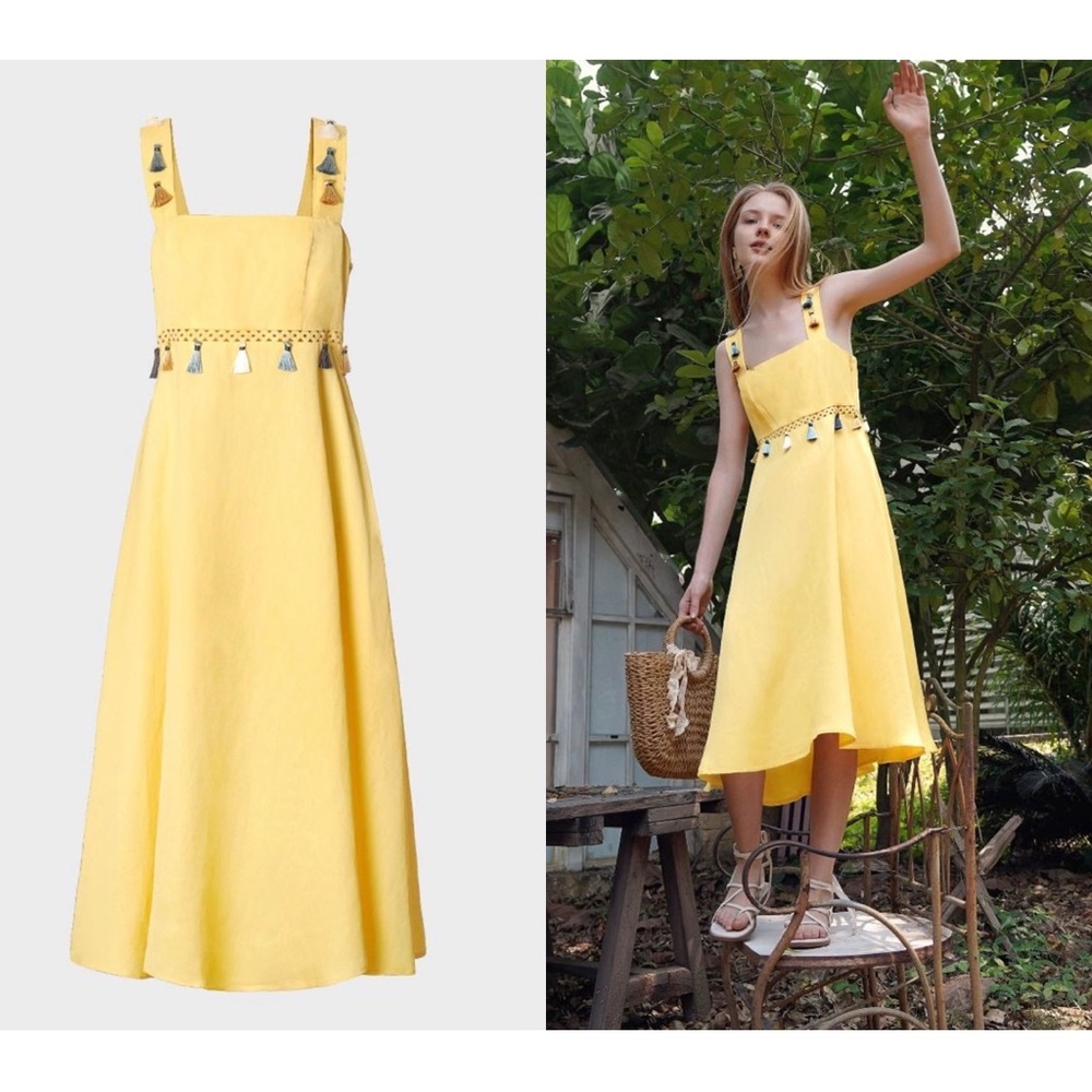 Saturday Club WAIST CUTWORK DRESS WITH CONTRASTING TASSELS, Yellow, XS